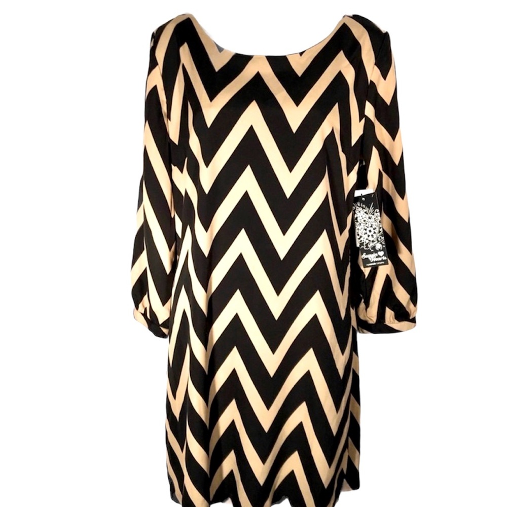 Sequin Hearts Black and Tan Chevron Knee Length Shift Dress NWT Size 11 Juniors